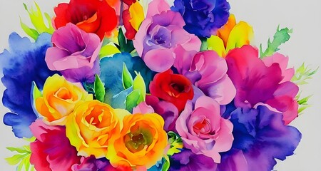I am looking at a beautiful watercolor flower bouquet. The flowers are different shades of pink, purple, and blue. They are in a clear glass vase that is sitting on a white tablecloth. I can see the