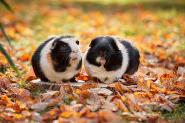 Two Cute Guinea pigs sitting in autumn foliage colorful leaves outdoors enjoying sunset