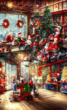 It's a winter wonderland at the Christmas toy factory! The elves are busy at work, hammering away on miniature sleighs and painting sugar-coated houses. Santa Claus himself is supervising from his big