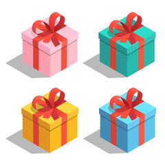 Set of colorful presents and gift boxes with red tape. Isometric vector illustration