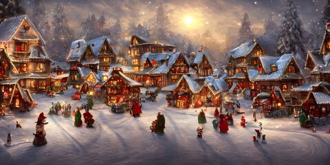 I am looking at a winter christmas village. It is very cute. All the houses are decorated for Christmas and there is snow on the ground. The village is lit up with Christmas lights, and I can see peop