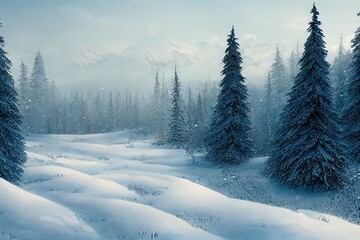 Snow covered coniferous forest. Cute winter repeating landscape. Horizontal view of the winter forest.