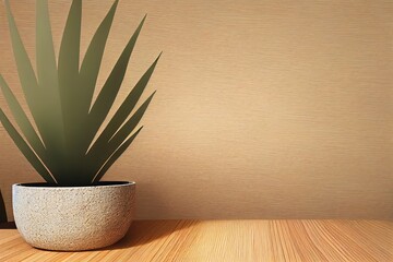 3D render blank empty fine wooden table for products display backdrop with tropical palm leafs plants in stylish pots, Beautiful sunlight on teak wood wall decoration panel in background. Counter top.
