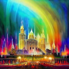 Fototapeta na wymiar Wondrous majestic city painting with rainbow color.