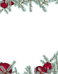 Holiday winter border with spruce tree branches and red Christmas ornaments