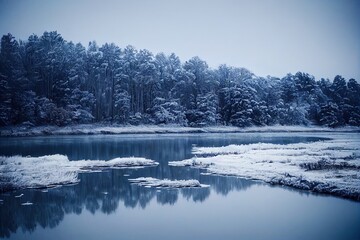 Beautiful tranquil winter scenery. Snowy river coastline. View on frozen lake coast. Trees on the shore covered with snow. Reflection in lake. January scene. Frosty cold winter day. Blue toning.