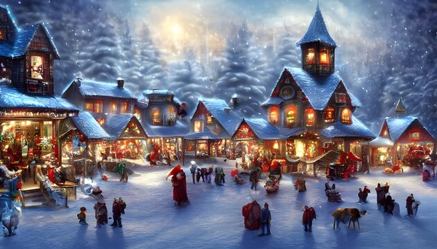 The snow is gently falling and the air is crisp. The houses in the village are decorated with wreaths and lights.Candles flicker in the windows and smoke rises from the chimneys. There's a sense of pe