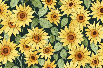 Sunflower seamless border. Floral illustration for paper, stationary, fabric, greeting cards, packaging ets. Repeat ornament. Summer or autumn design. Watercolor flowers isolated on white background