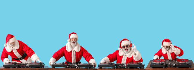 Set of cool Santa DJ on light blue background