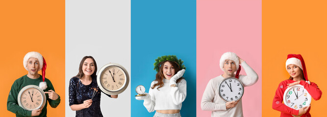 Set of many people with clock on color background. Christmas countdown concept