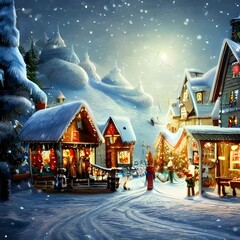 It's a beautiful winter christmas village scene. The houses are all covered in snow, and there's a big christmas tree in the center of the town square. All the villagers are out celebrating and enjoyi