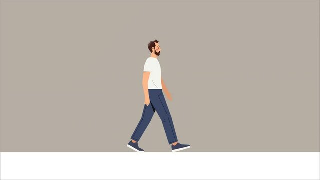 Walking Man video concept. Young moving bearded guy walks forward. Side view. Stylish character in casual clothes or outfit. Anatomical movements of body, arms and legs. Flat graphic animated cartoon
