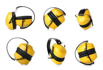 Collage of yellow hearing protectors on white background