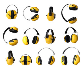 Collection of yellow hearing protectors on white background