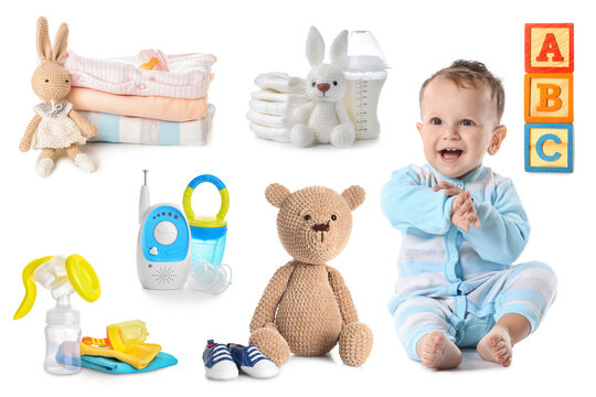 Collage of cute baby boy with set of items on white background