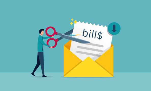 Cost cut or reduction concept. Business efficiency and cost optimization symbol. Businessman cutting bills paper vector illustration