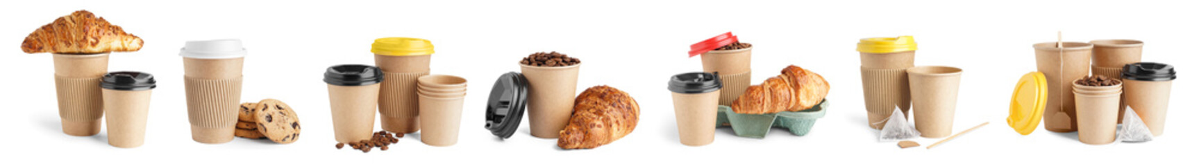 Set of paper cups with coffee beans, tea bag, croissants and cookies on white background