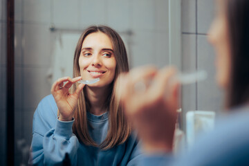Woman Taking off Her Clear Retainer in the Bathroom Mirror. Girl using teeth grinding protection at...
