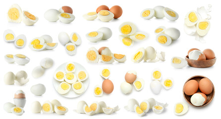 Set of many boiled eggs isolated on white