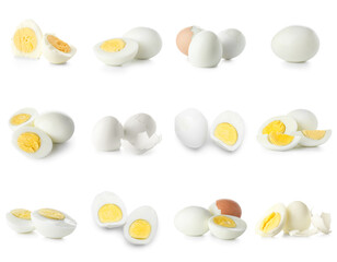 Set of many tasty boiled eggs isolated on white
