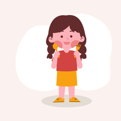 Girl eating and holding spoon and fork
