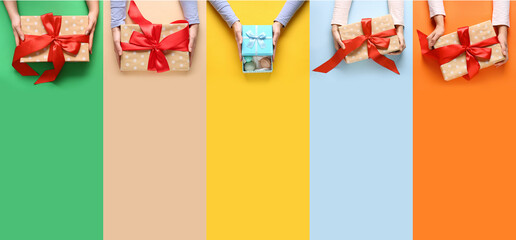 Collage of hands with gift boxes on colorful background, top view