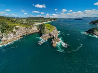 Tuinposter Drone shot of Te Pare point, Hahei beach New Zealand © Michael
