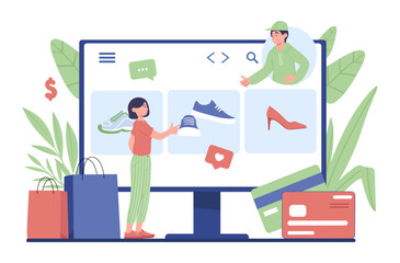 Courier deliver package. Young girl chooses shoes on computer monitor, online shopping and home delivery. Modern technologies and services, cashless payment. Cartoon flat vector illustration