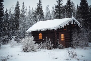 Small wooden forest cabin in winter