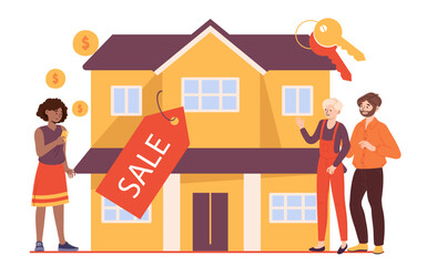 Family with agency. Man and woman together with realtor buy house, real estate transactions. Investing and trading, financial literacy. Poster or banner for website. Cartoon flat vector illustration