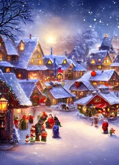 The winter christmas village is a beautiful sight. The snow is gently falling and the houses are all decorated for the holidays. The people in the village are busy preparing for Christmas eve.