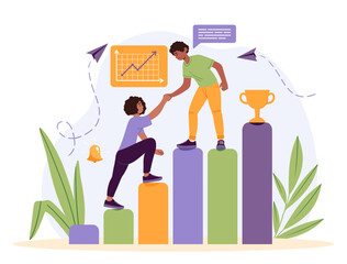 Goal orientation concept. Man helps woman climb up columns to goblet. Partnership and teamwork. Help and support. Colleagues reach goal. Poster or banner for website. Cartoon flat vector illustration