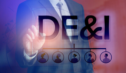 Businessman using virtual screen with abbreviation DE and I (diversity, equity, inclusion) on red...