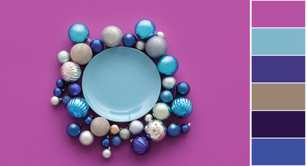 Composition with plate and Christmas balls on violet background. Different color patterns