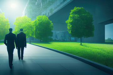 Businessman walking to open big gate to a new better green world. Concept of hope, bright future. 3D illustration
