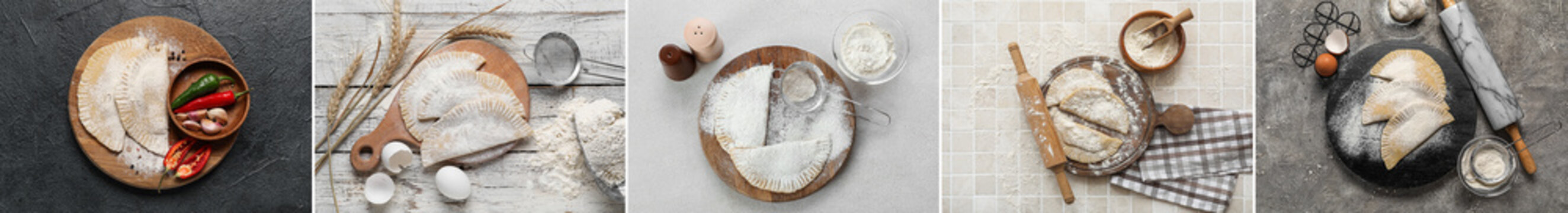 Collage of raw chebureks on table, top view