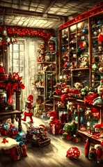 Fototapeta premium The workers in the factory are busy putting the final touches on this year's batch of Christmas toys. The conveyor belt is lined with all sorts of dolls, teddy bears, and other assorted playthings. Th