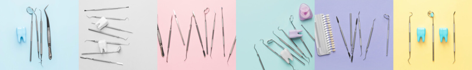 Collage with dental tools on colorful background