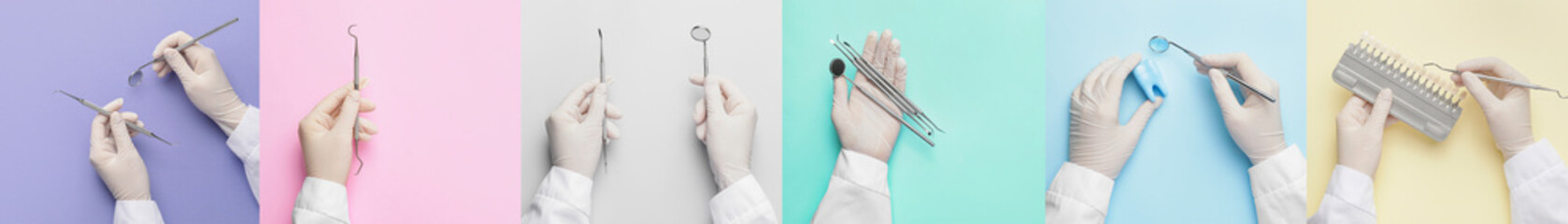 Many hands of doctors with dental tools on colorful background, top view