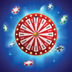 Red wheel of fortune with flying chips on hot blue background. Casino game of chance. Win, fortune roulette. gamble, chance, leisure, lottery, luck. Vector illustration