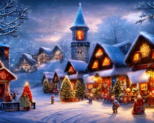 This winter christmas village is so charming! Every little house is decorated with garlands and lights, and there's even a snowman in the center of town. It looks like something out of a fairy tale!