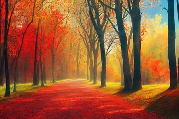 autumn road . beautiful bright autumn road landscape. red leaves on the trees