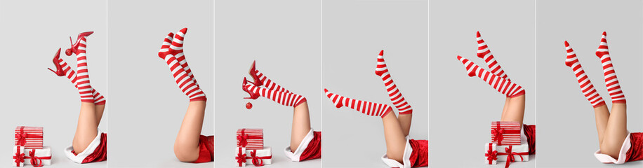 Set of sexy young woman in Christmas stockings on light background