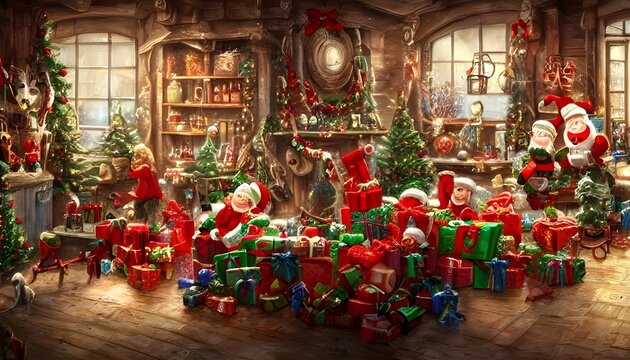 It's Christmas time at the toy factory! All of the workers are hard at work, making all sorts of different toys. Some are assembling dolls, others are painting cars and trucks, and still others are pu