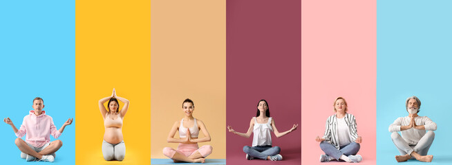 Set of different meditating people on colorful background