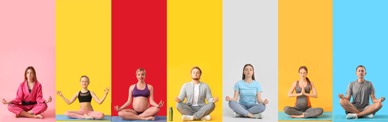 Set of different meditating people on colorful background