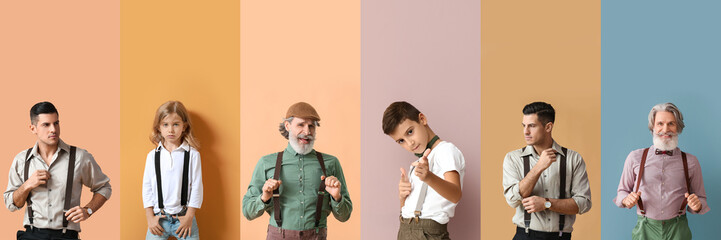 Group of stylish people with suspenders on color background