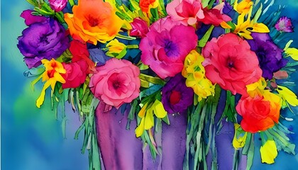 Fototapeta premium The watercolor flower bouquet is beautiful. The flowers are a mix of pink and purple, and they're arranged in a mason jar. The paper has delicate white teacups printed on it, and the background is a