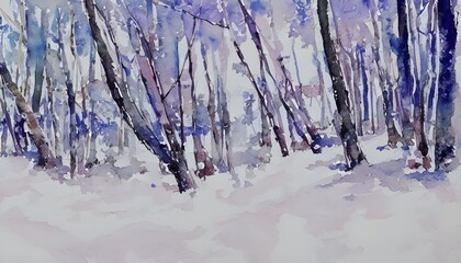 This watercolor winter forest looks like a scene from a fairy tale. The trees are all different sizes and shades of green, with some areas of white snow on the ground. In the background there is a mis