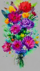 I am looking at a beautiful watercolor painting of a flower bouquet. The flowers are various shades of pink and purple, and they are arranged in a delicate way. The background is white, and the overal